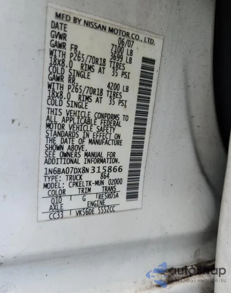 2008 Nissan Titan Xe z USA, uszkodzony, nr VIN 1N6BA07DX8N315866